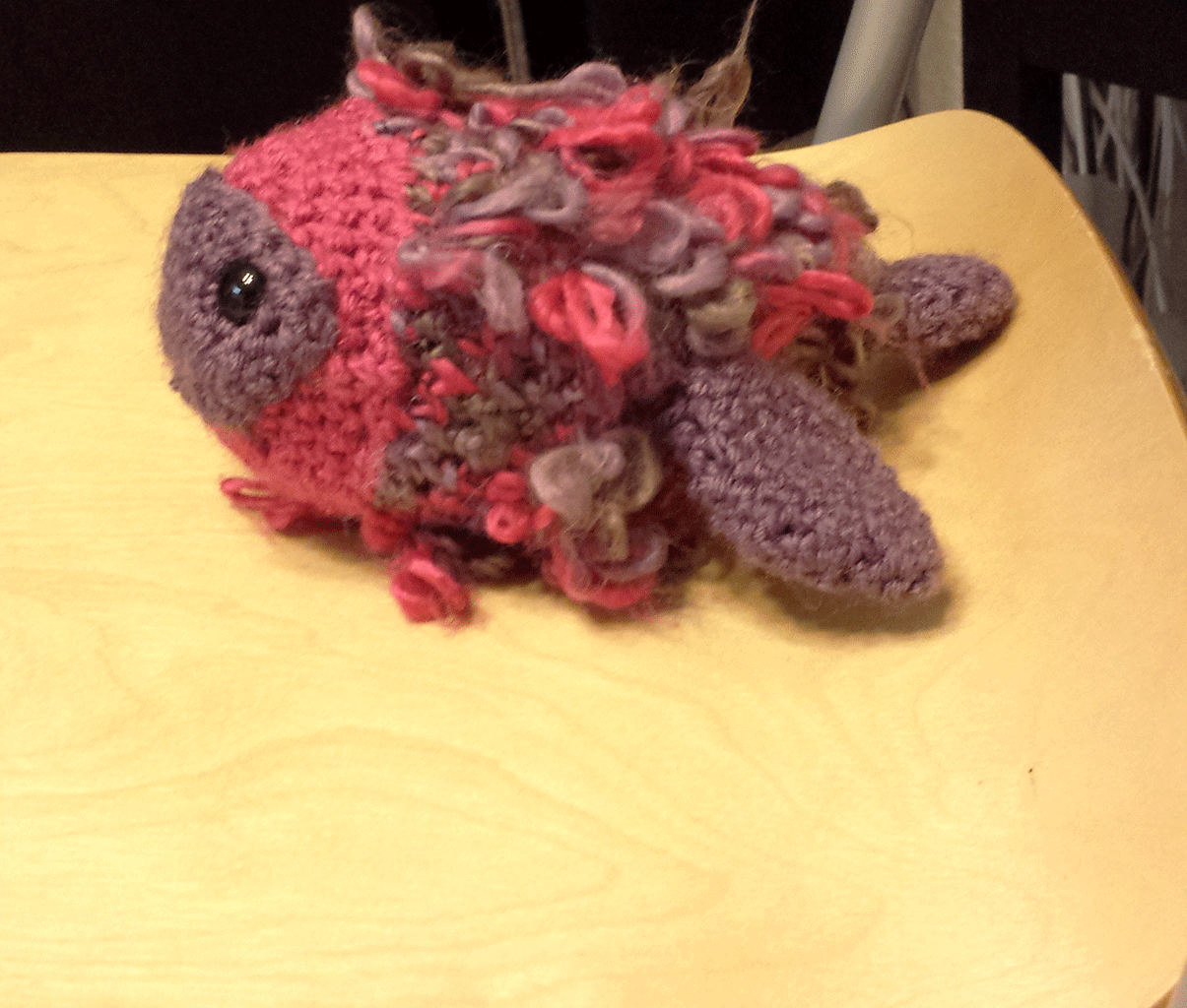 Picture of a crocheted stuffed animal as a fish