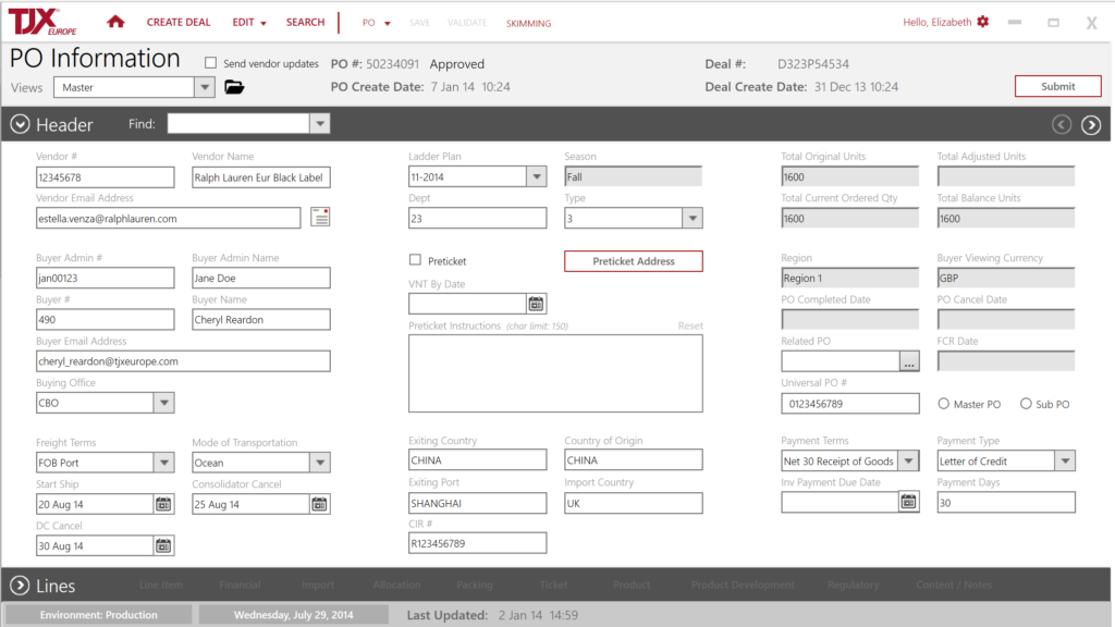 Optimized order entry screen mockup