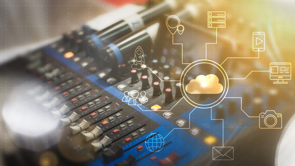 Soundboard with cloud connectivity icons overlaying a gold gradient.