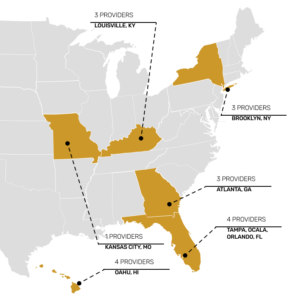 Map diagram showing the 6 states and numerous providers my design delivery team collaborated with to provide insights for the solutions.