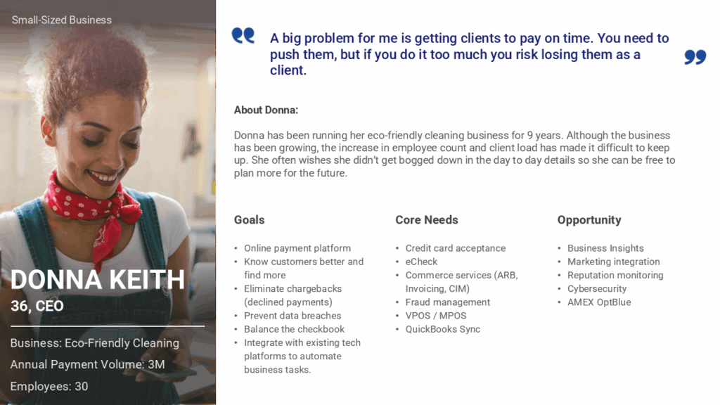 Persona depiction of a small-sized business with details of their goals, needs, and opportunities.