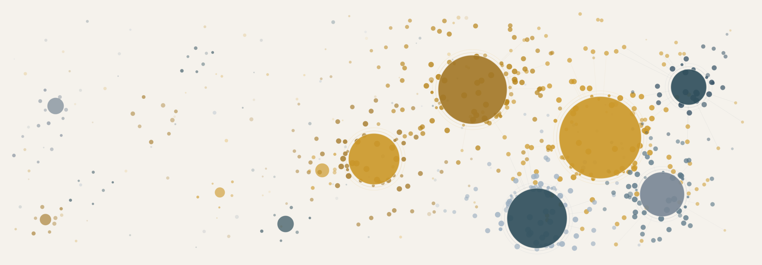 Abstract illustration showing dozens of small muted orange dots scattered across a cream background, converging toward a few larger gold nodes sized by frequency, representing scattered feedback consolidating into prioritized themes.