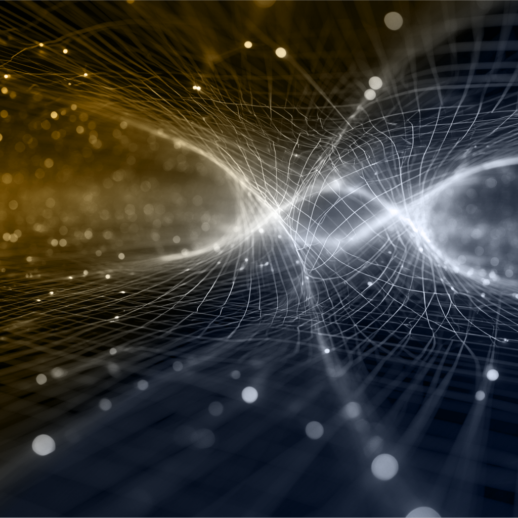 Abstract illustration of interconnected grid lines, firing like synapsis in gold and slate colors.