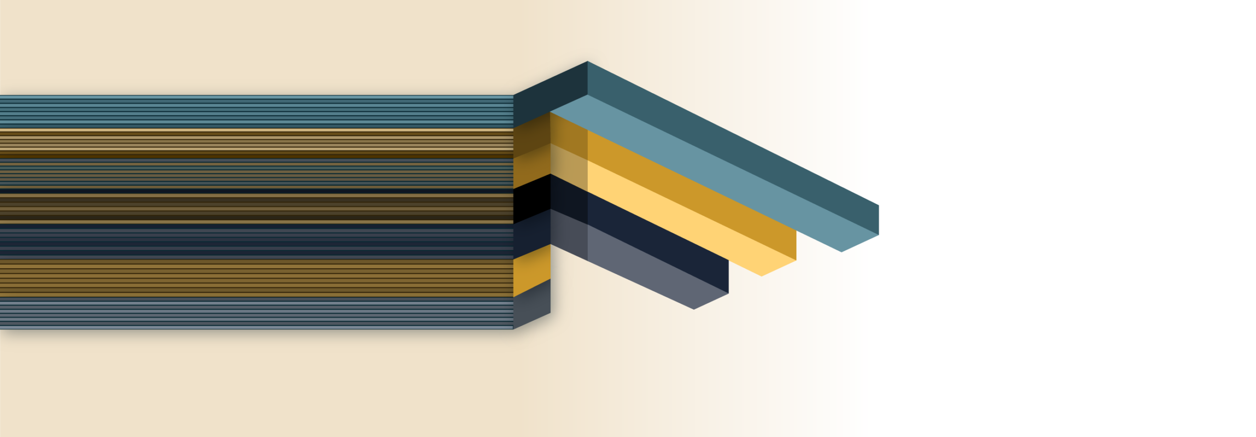 Abstract illustration showing a dense mass of horizontal slate and gold stripes narrowing into three distinct diverging bars in slate, gold, and navy against a cream background, representing many undifferentiated requirements narrowing down to the three that were carried forward.