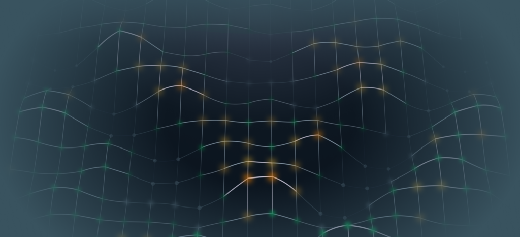Abstract illustration of interconnected grid lines converging into radiating signal waves, representing a utility notification system spanning multiple channels